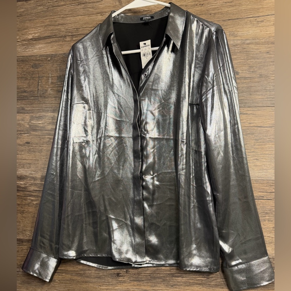 Express Metallic Silver Button Down‎ Shirt